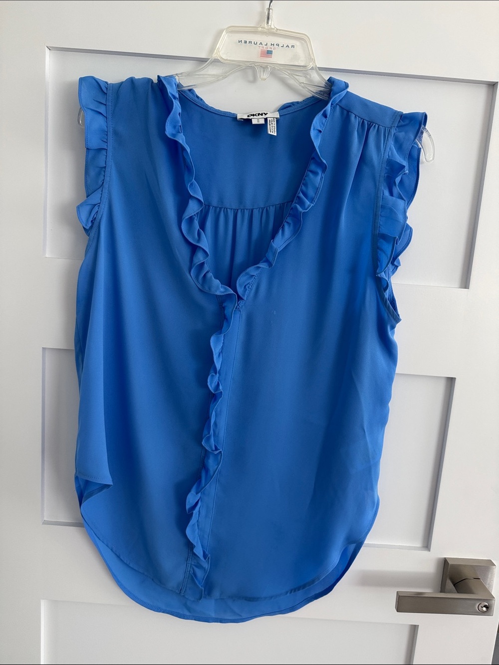 DKNY Cobalt Blue Ruffle V-Neck Sleeveless Blouse